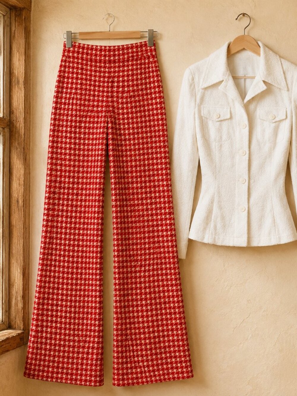 One Owner Vintage 60s 70s Houndstooth Wide Leg Pants Jacket Set